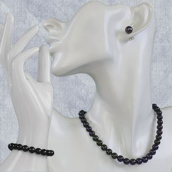 black pearl necklace, bracelet and earrings